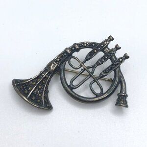 Vintage Sterling Silver Marcasite French Horn Brooch Pin